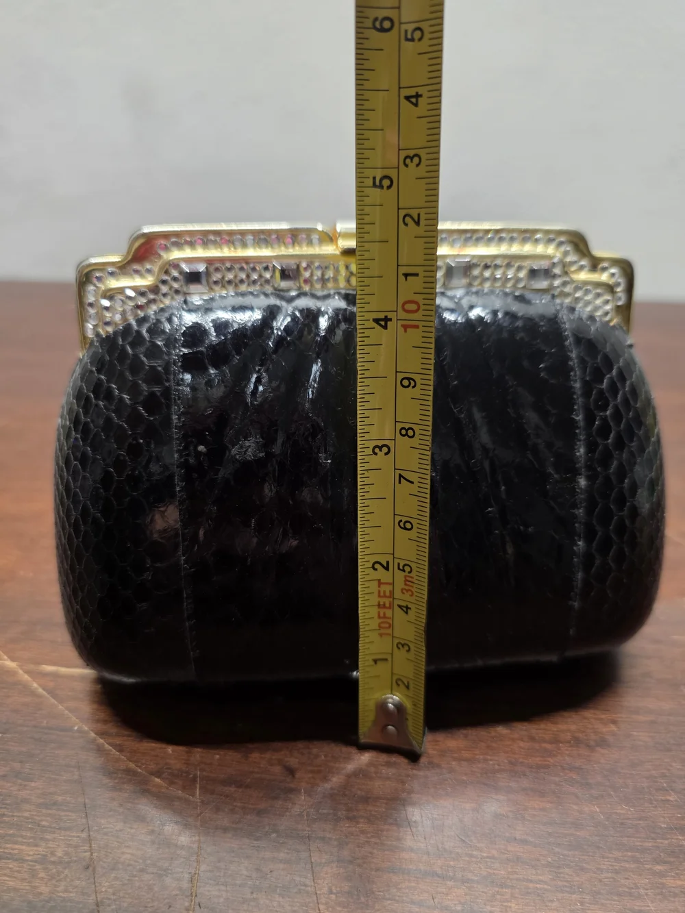 Classic Black Faux Snakeskin Evening Clutch with Gold Frame